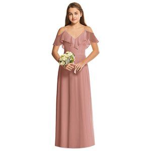 NWT Dessy Collection Cold Shoulder Chiffon Flower Girl Dress Desert Rose